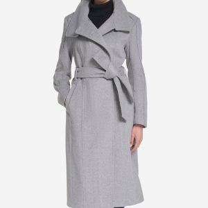 Women's Zip Up Closure Asymmetric Slick Wool Belted Coat