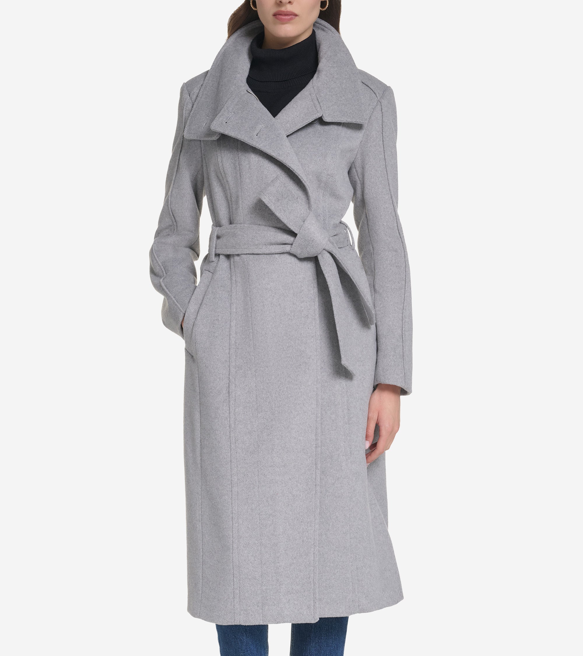 Women's Zip Up Closure Asymmetric Slick Wool Belted Coat