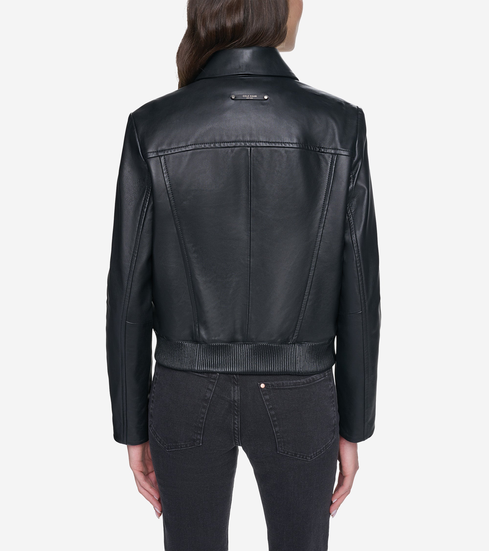 Women's Smooth Leather Bomber Jacket with Chest Pocket - Image 2