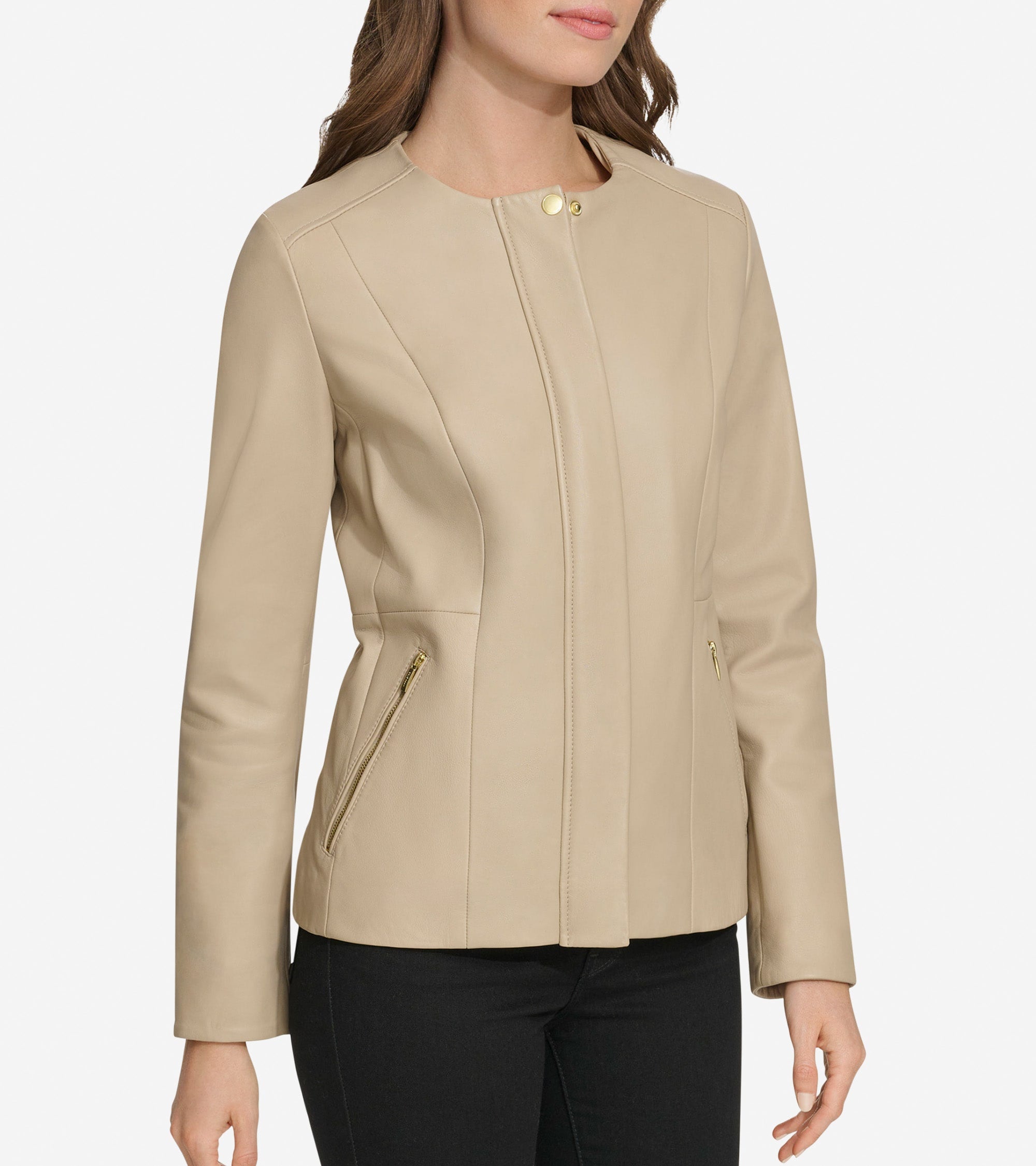 Women's Collarless Leather Jacket