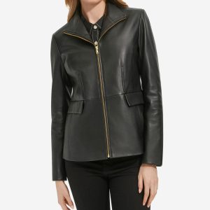 Women's Wing Collar Zip Up Leather Jacket