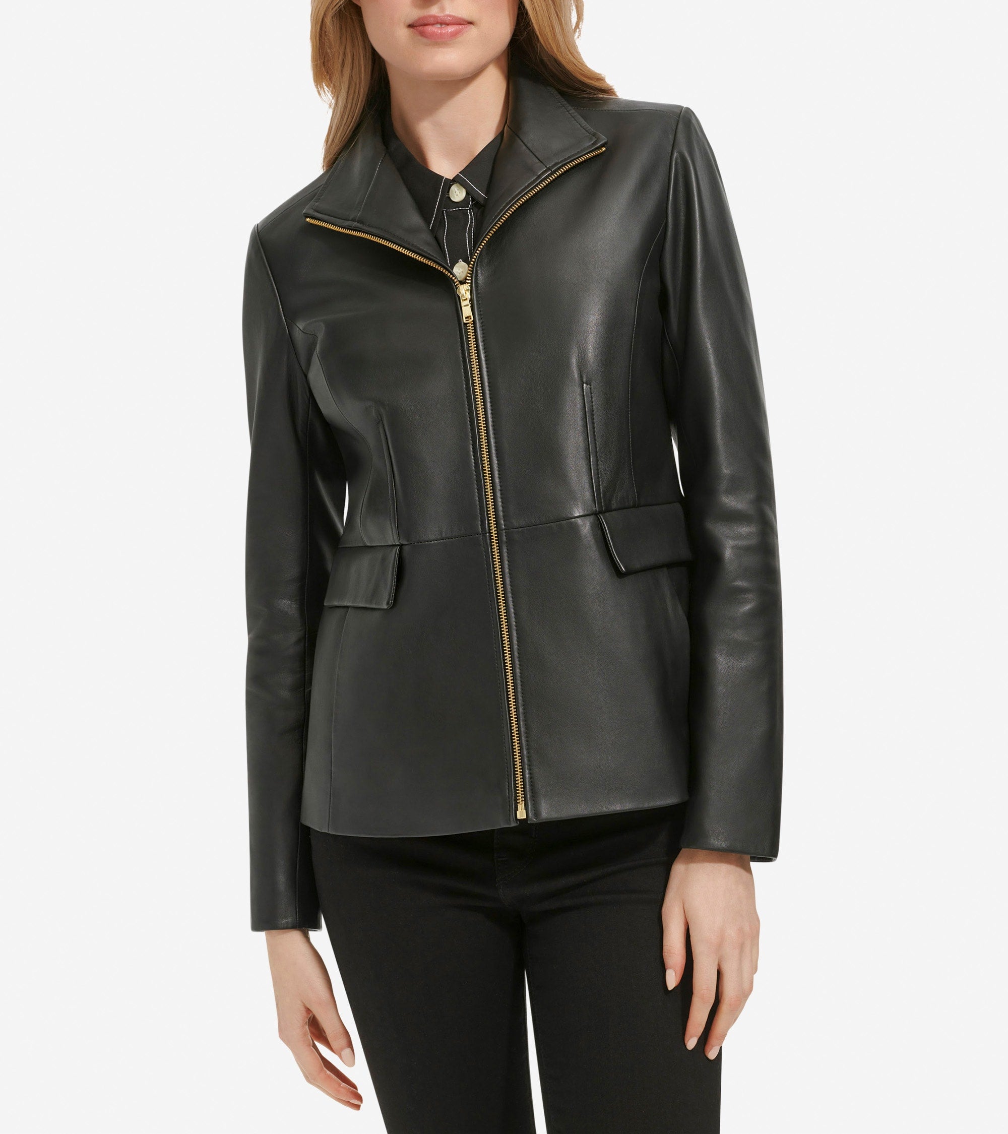 Women's Wing Collar Zip Up Leather Jacket