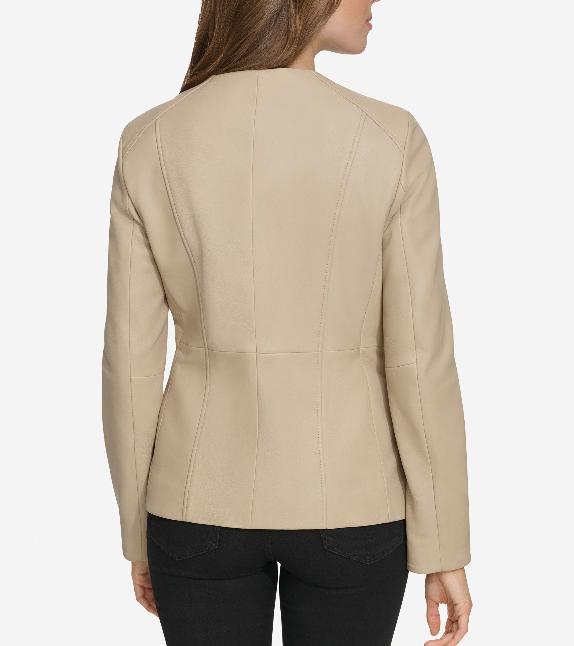 Women's Collarless Leather Jacket - Image 2