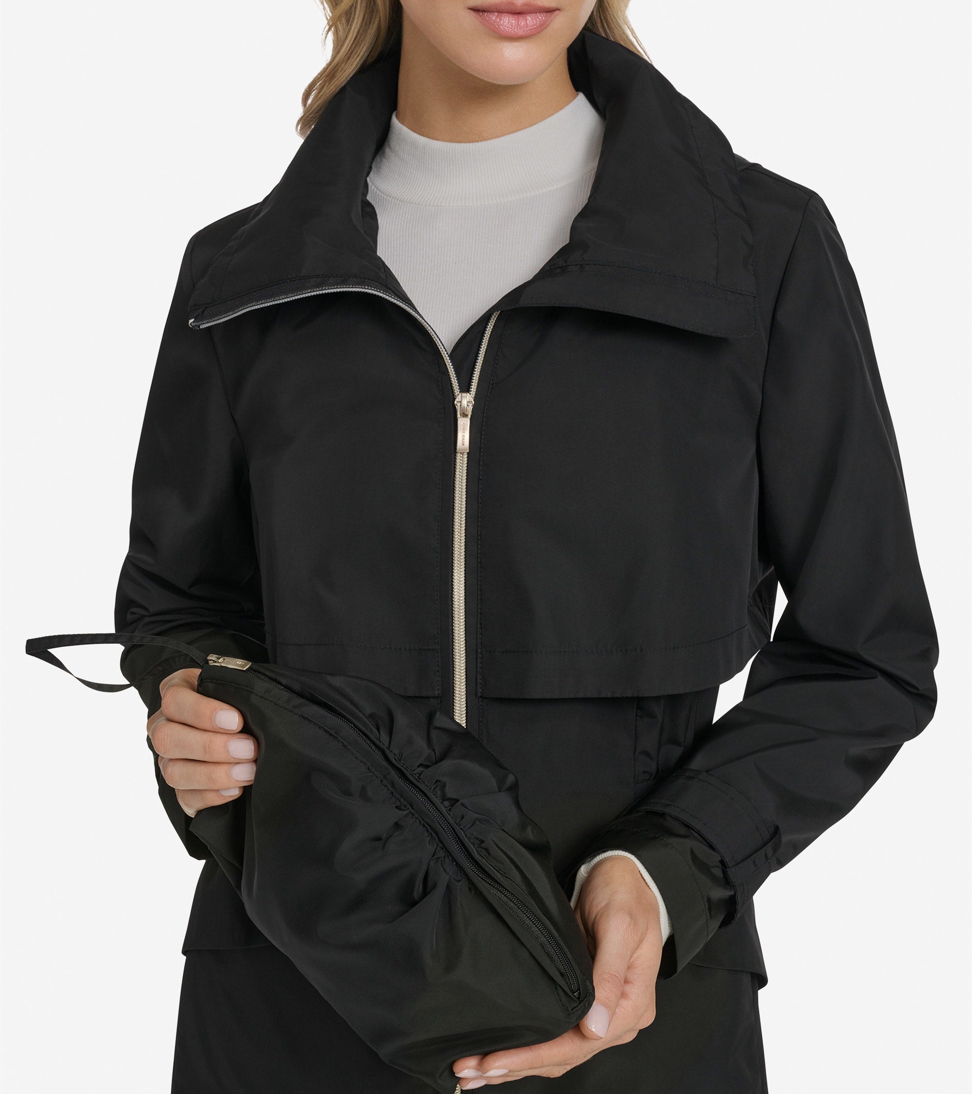 Women's Zip Up Trench Coat with Stow Away Hood - Image 3